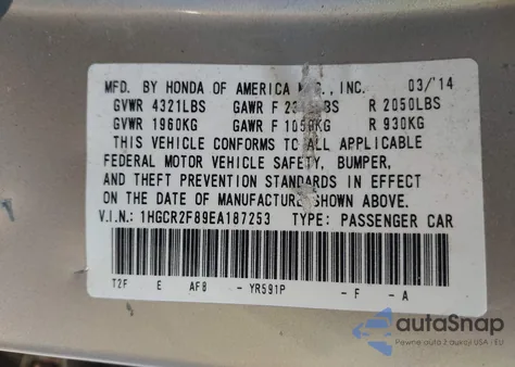 2014 Honda Accord Ex-L from USA, damaged, VIN 1HGCR2F89EA187253